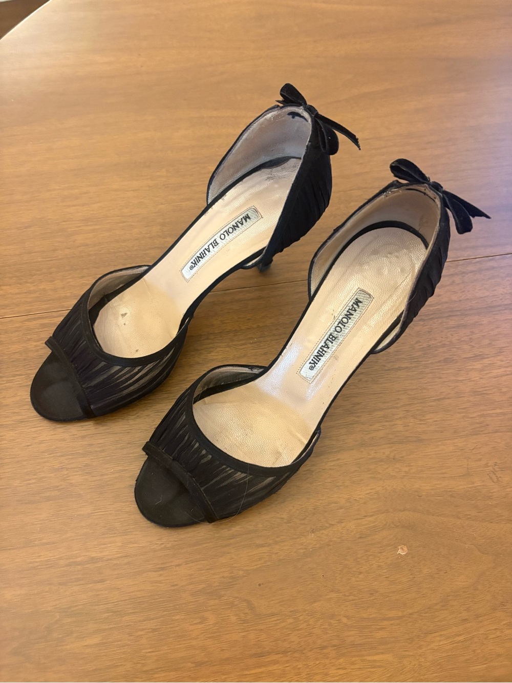 Manolo Blahnik Black Sheer Peep-Toe Tie-Back Heels